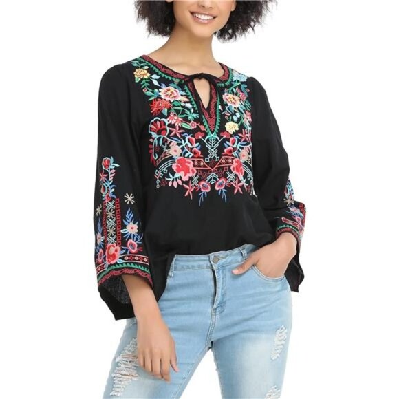 Black Floral Embroidered Long Sleeve Blouse‎ Boho V Neck Tunic Top - Picture 4 of 6